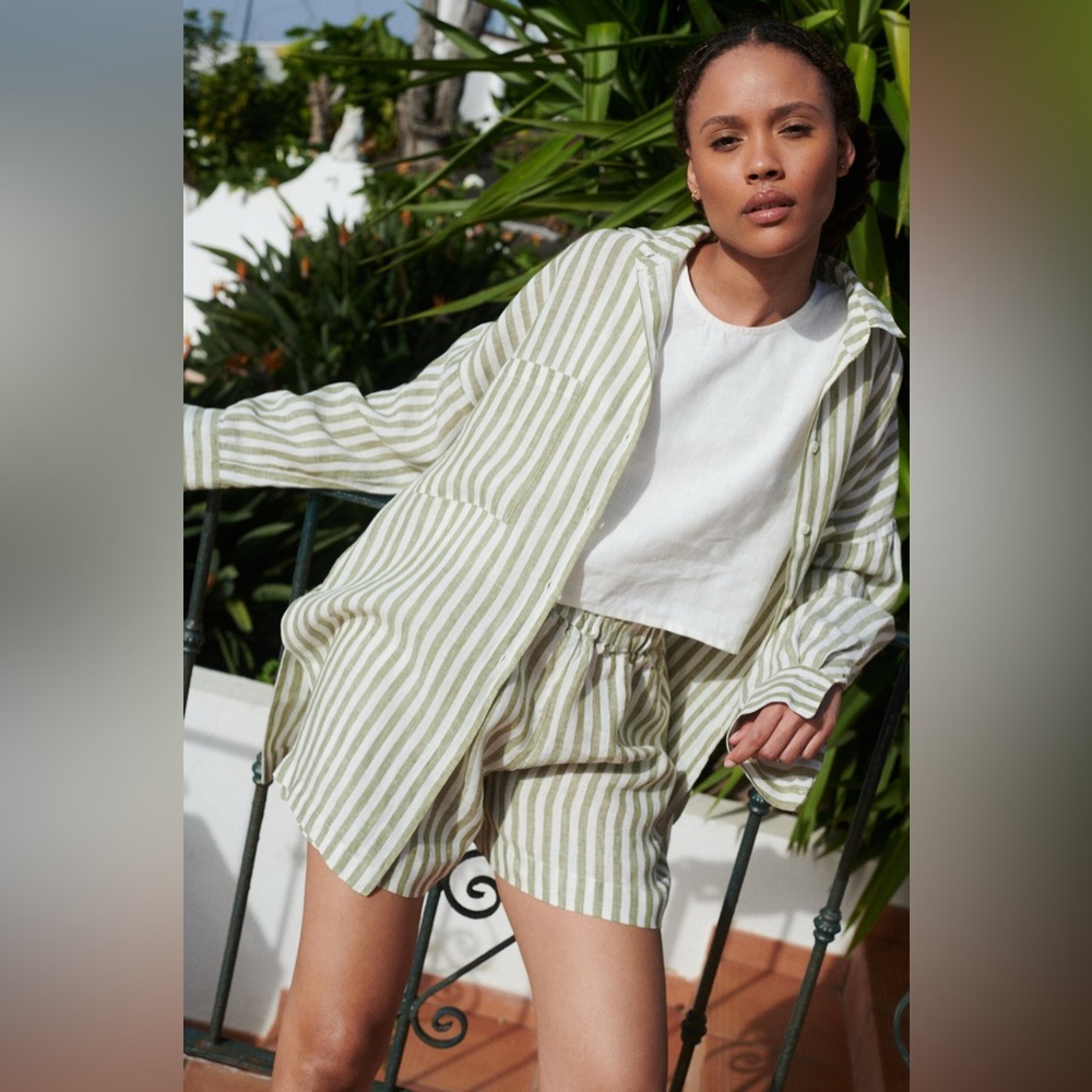 Linenfox Linen Vika Olive Striped Button Down